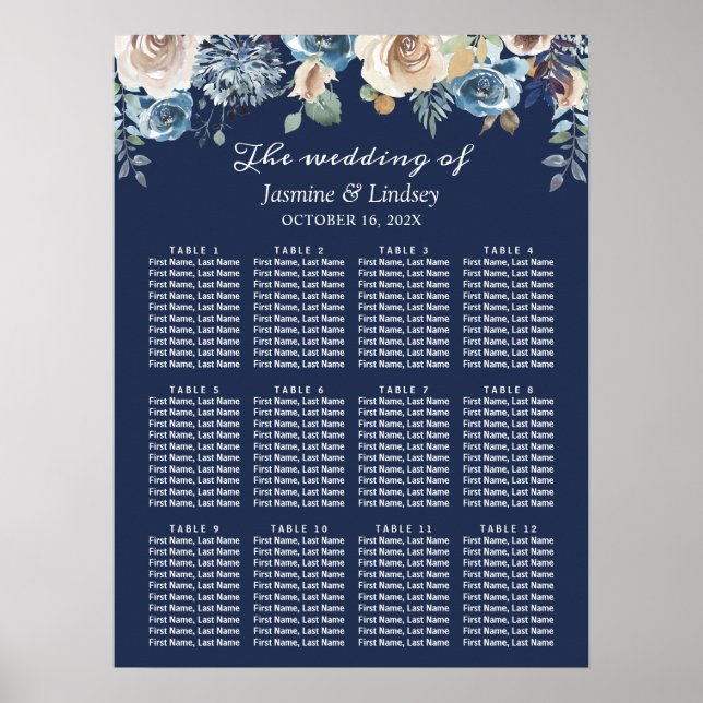 Navy Blue Floral Wedding Seating Chart (Front)