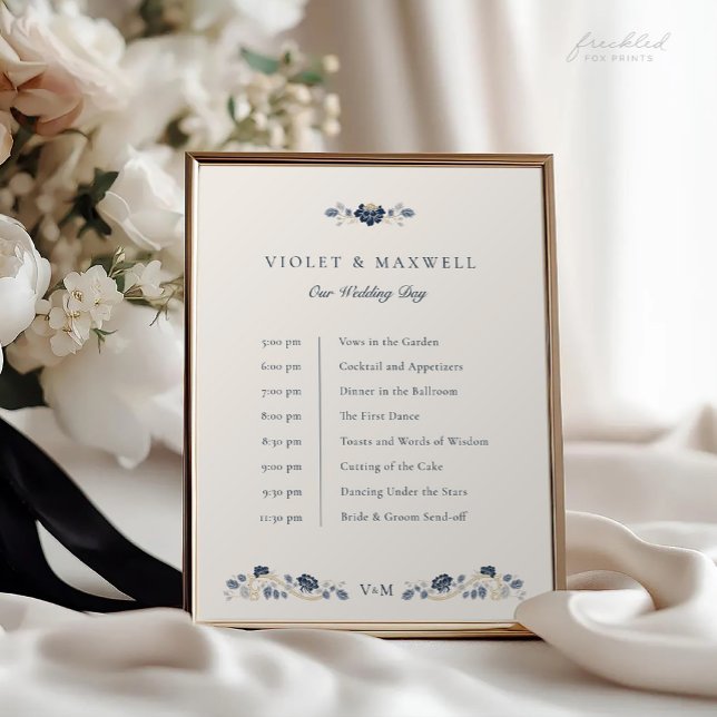 Navy Blue Floral Wedding Timeline Sign (Navy blue floral Art Nouveau Wedding Timeline sign)