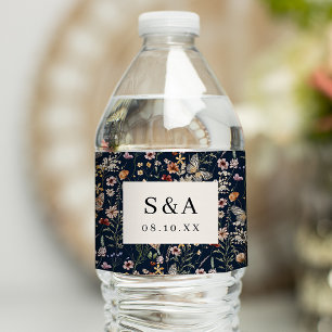 Navy Blue Floral Wedding Water Bottle Label