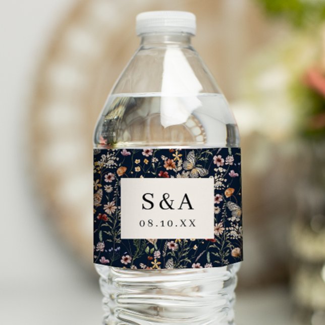 Navy Blue Floral Wedding Water Bottle Label (Navy Blue Floral Wedding Water Bottle Label Monogrammed by Painted Paperie
)