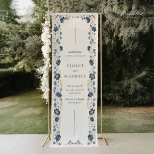 Navy Blue Floral Wedding Welcome Banner 2.5 x6'