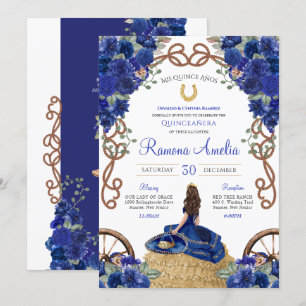 Navy Blue Floral Western Charra Quinceañera  Invitation