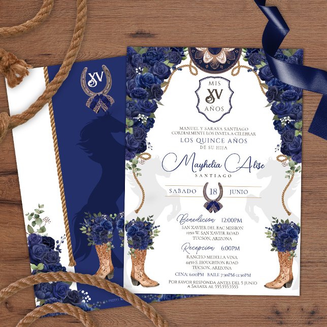 Navy Blue Floral Western Charro Quinceañera Invitation (Creator Uploaded)
