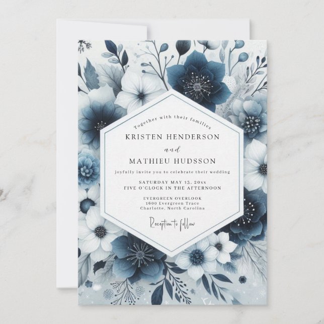 Navy Blue Floral Whimsy Wedding Invitation (Front)
