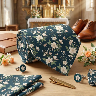 Navy Blue Floral White Blossom  Tie