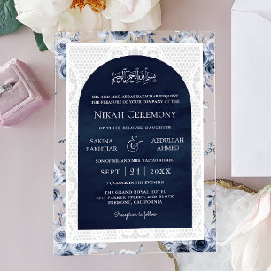 Navy Blue Floral White Lace Muslim Wedding Acrylic Invitations