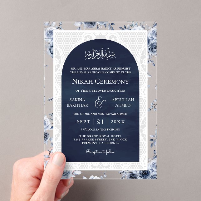 Navy Blue Floral White Lace Muslim Wedding Acrylic Invitations (Insitu (Handheld))