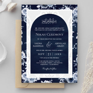 Navy Blue Floral White Lace Muslim Wedding Invitation