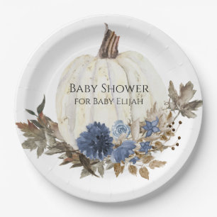Navy Blue Floral White Pumpkin Baby Boy Shower Paper Plate