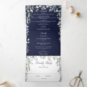 Navy Blue Floral Wildflowers Photo Wedding Tri-Fold Invitation