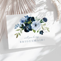 navy blue floral will you be my bridesmaid card