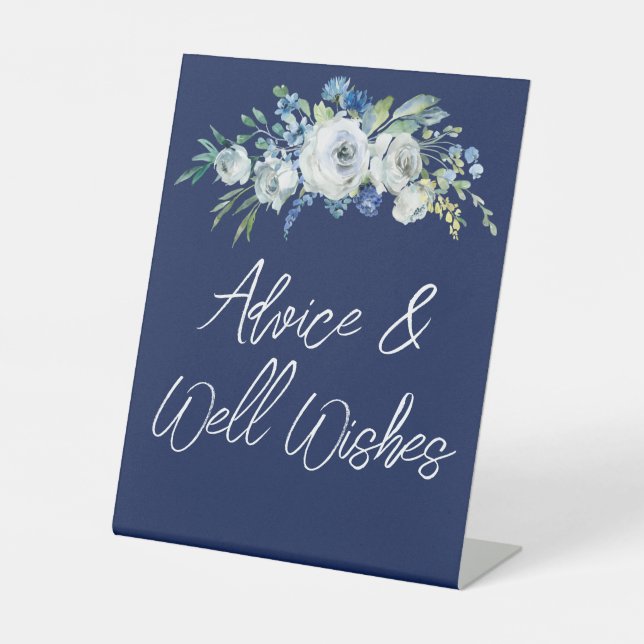 Navy Blue Floral Winter Wedding Advice Well Wishes Pedestal Sign (Front)