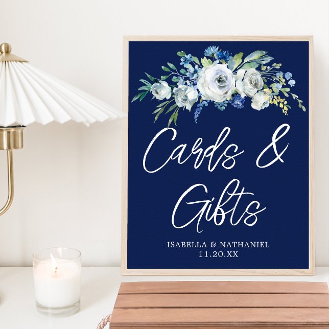 Navy Blue Floral Winter Wedding Cards Gifts Table Poster (Creator Uploaded)