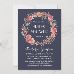 Navy Blue Floral Wreath Bridal Shower Invitation