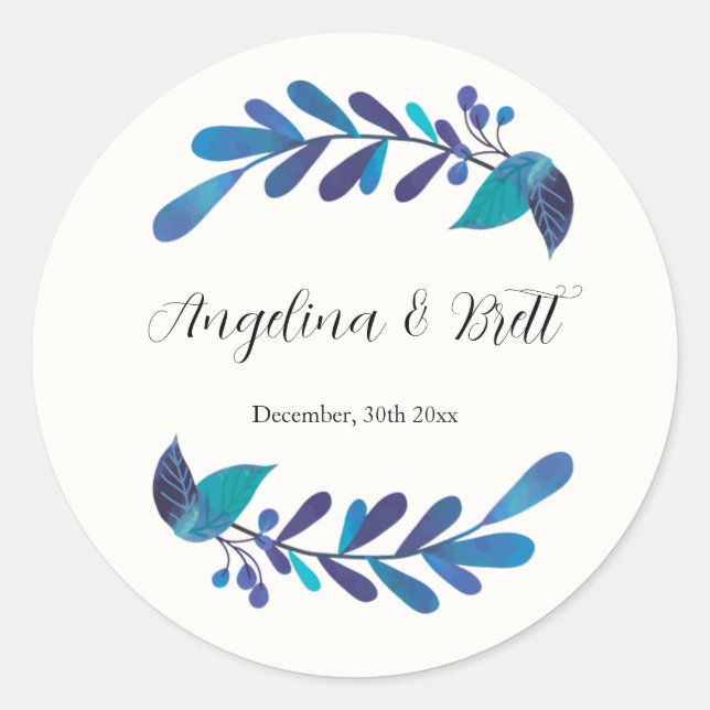 Navy Blue Floral Wreath Elegant Modern Wedding  Classic Round Sticker (Front)