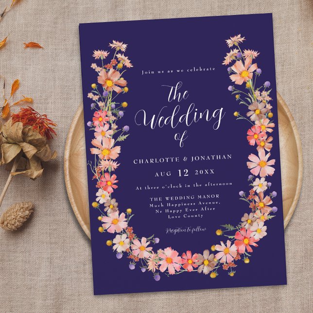Navy Blue Floral Wreath Fall Wedding Invitation (Boho fall rustic floral wildflower wreath navy blue and white wedding invitation Elegant script)