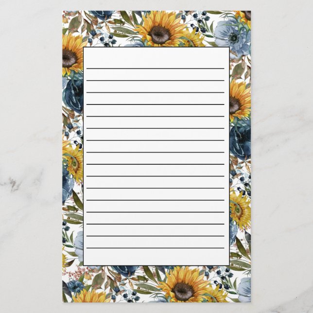 Navy Blue Floral Yellow Sunflowers White Lined Sta Stationery (Front)
