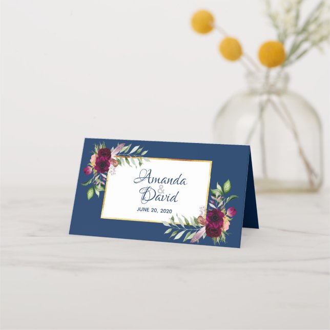 Navy blue florals burgundy boho wedding place card (Front)