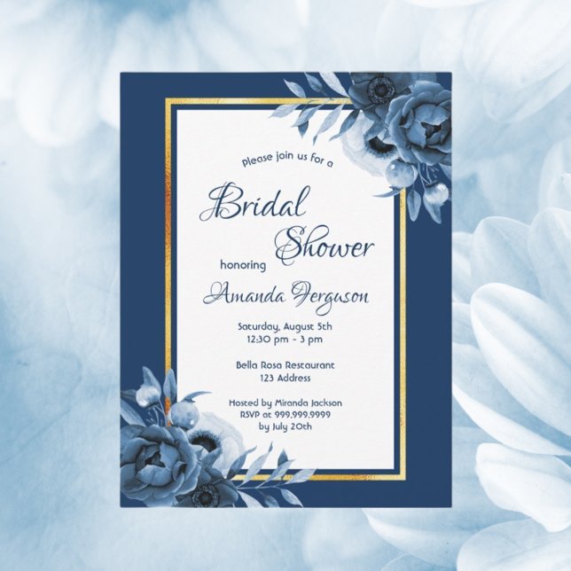 Navy blue florals gold bridal shower invitation postcard (Creator Uploaded)
