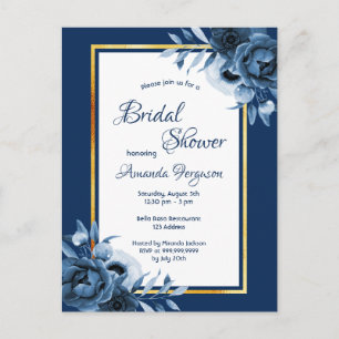 Navy blue florals gold bridal shower invitation postcard