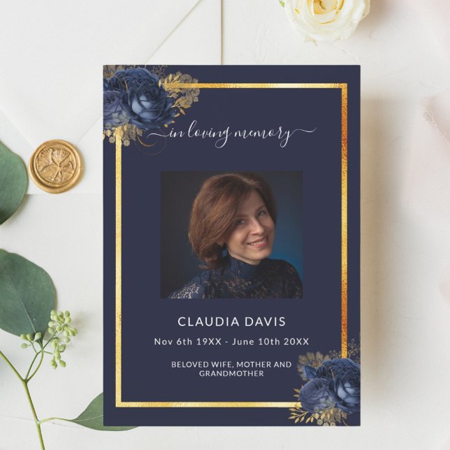 Navy blue florals gold photo funeral program (Creator Uploaded)