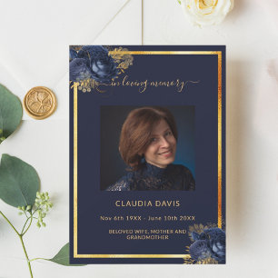 Navy blue florals gold photo funeral program