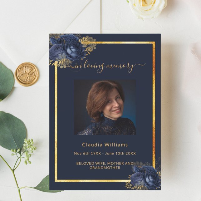 Navy blue florals gold photo funeral program (Creator Uploaded)
