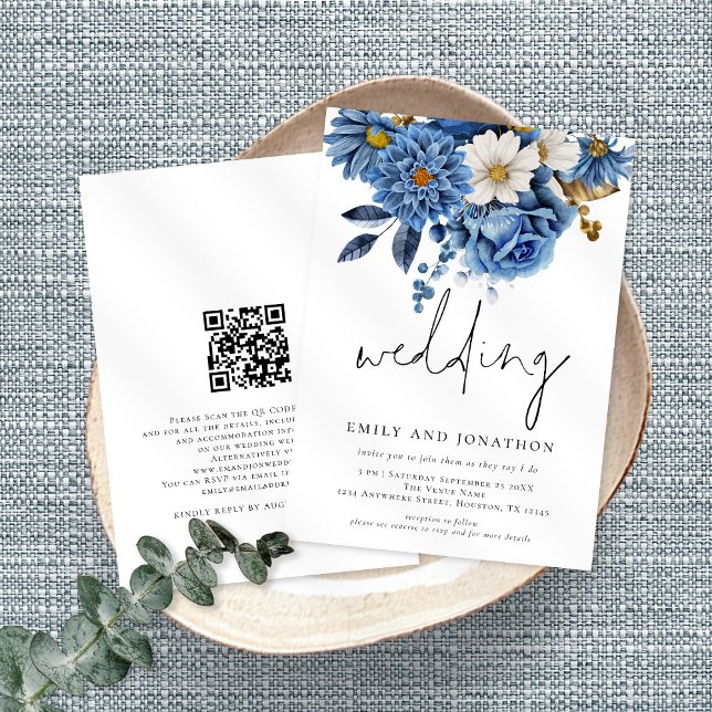 Navy Blue Florals Informal Script Wedding  Invitation (Creator Uploaded)