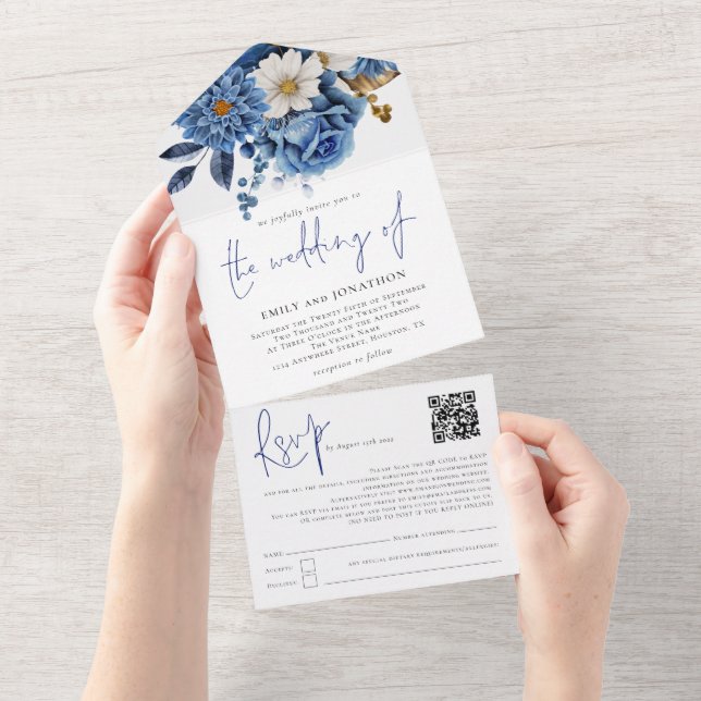 Navy Blue Florals QR Code Script Wedding  All In One Invitation (Tearaway)