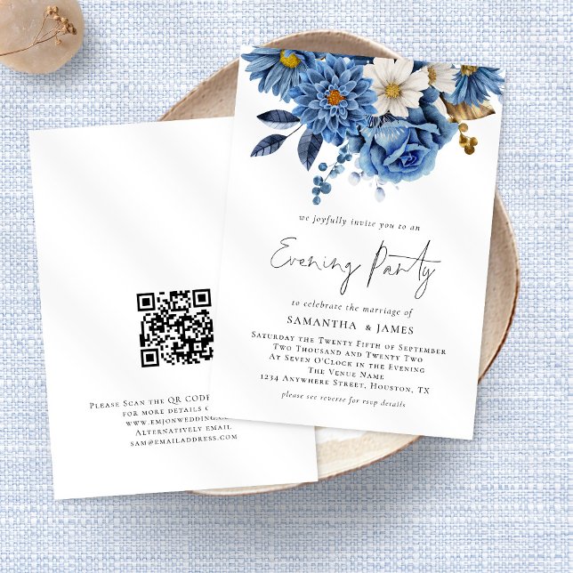 Navy Blue Florals Qr Code Wedding Evening Party  I Invitation (Creator Uploaded)