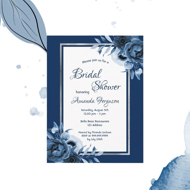 Navy blue florals silver bridal shower invitation postcard (Creator Uploaded)