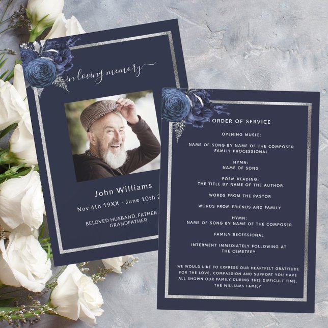 Navy blue florals silver photo funeral program (Creator Uploaded)