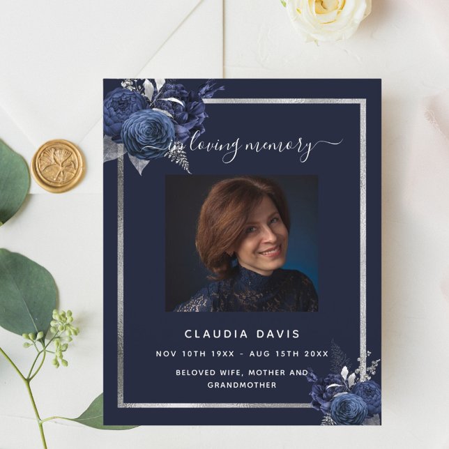 Navy blue florals silver photo funeral program (Creator Uploaded)