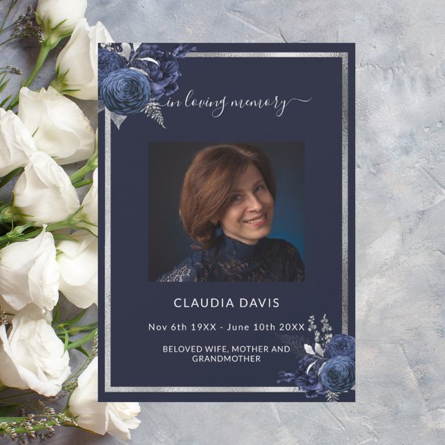 Navy blue florals silver photo funeral program (Creator Uploaded)