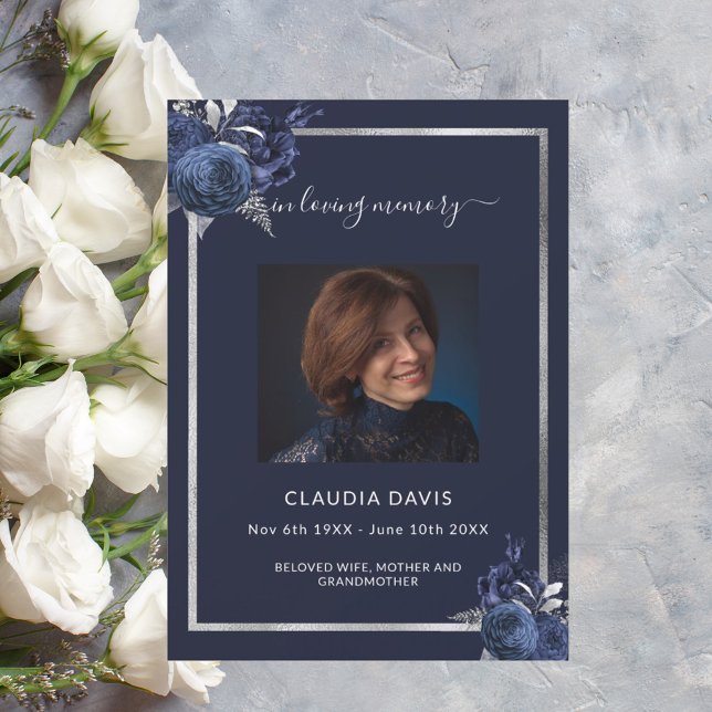Navy blue florals silver photo funeral program (Creator Uploaded)