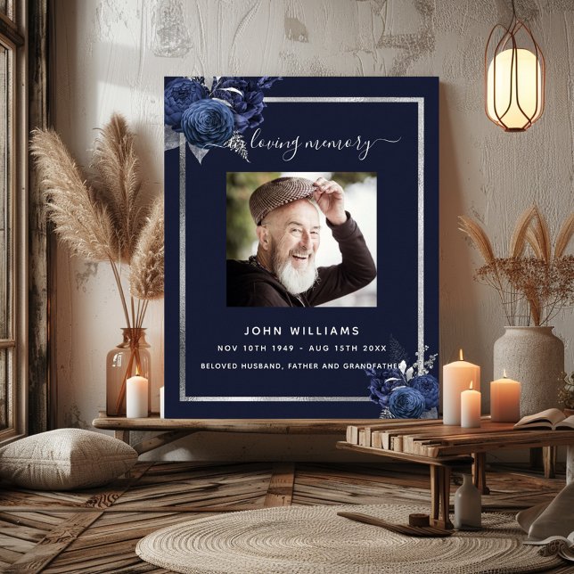 Navy blue florals silver photo funeral program poster (Creator Uploaded)