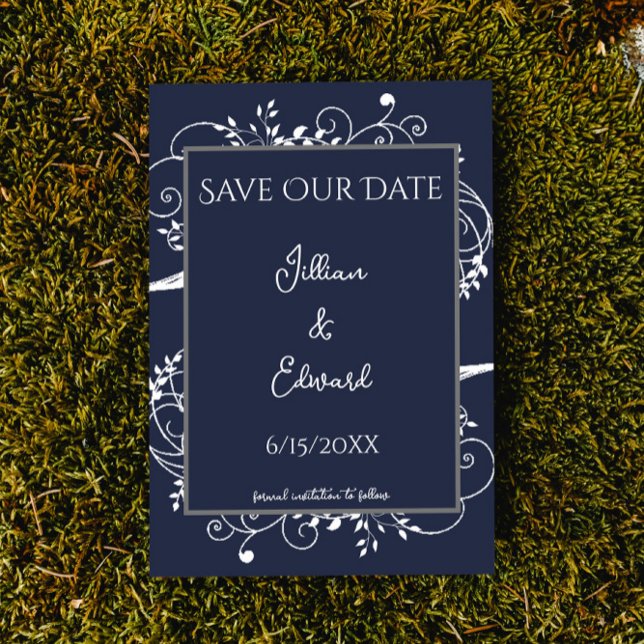 Navy Blue Flourish Save The Date Announcement (Navy Blue Flourish Save the Date Wedding Announcement)