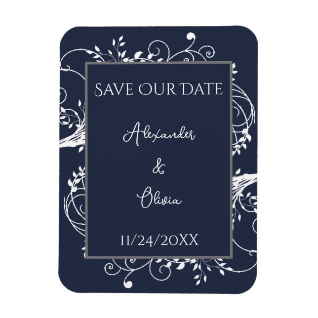 Navy Blue Flourish Save The Date Magnet (Vertical)