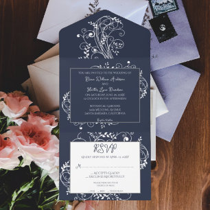 Navy Blue Flourish Wedding All In One Invitation