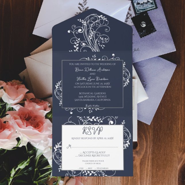 Navy Blue Flourish Wedding All In One Invitation (Navy Flourish All in One Wedding Invite)