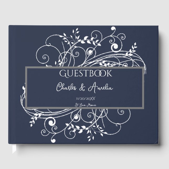 Navy Blue Flourish Wedding Guest Book (Front)
