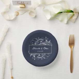 Navy Blue Flourish Wedding Shower Paper Bowls Plate