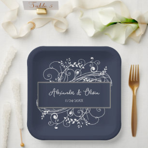 Navy Blue Flourish Wedding Shower Paper Plates