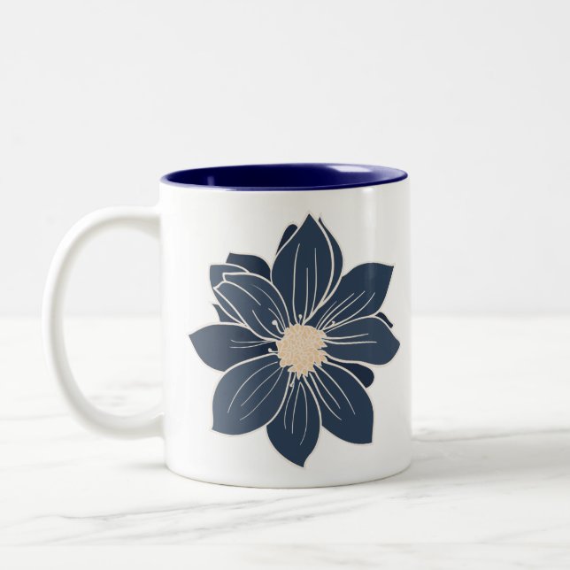 Navy Blue Flower Dahlia Two-Tone Coffee Mug (Left)