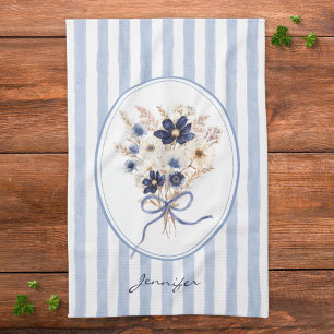 Navy Blue Flower Floral Stripes Personalised Tea Towel
