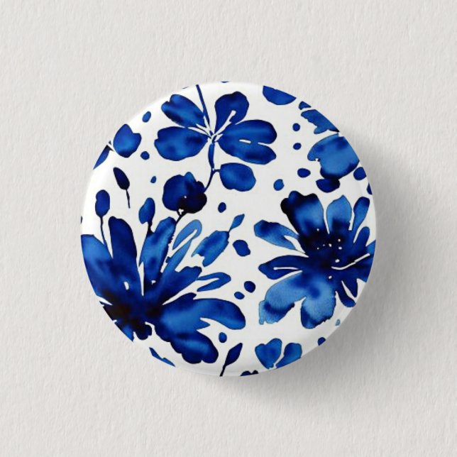 Navy blue flower pattern 3 cm round badge (Front)