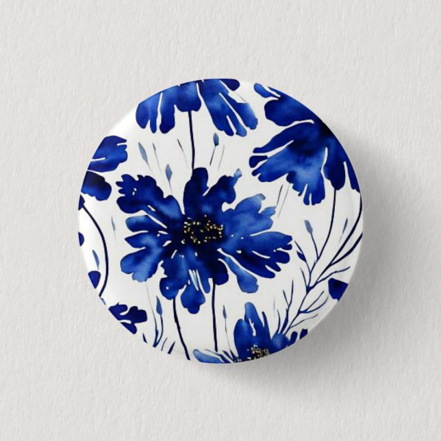 Navy blue flower pattern 3 cm round badge (Front)