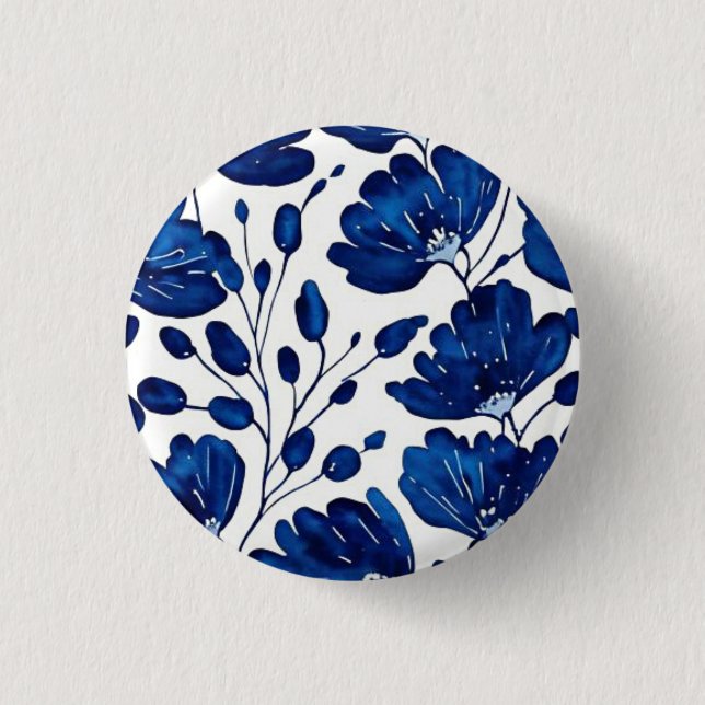 Navy blue flower pattern 3 cm round badge (Front)