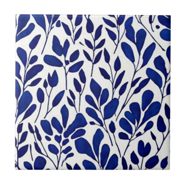 Navy blue flower pattern ceramic tile (Front)