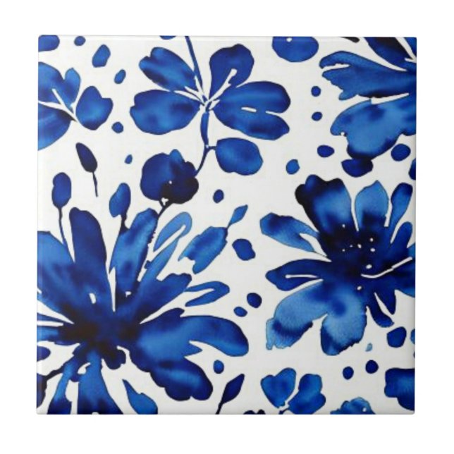 Navy blue flower pattern ceramic tile (Front)